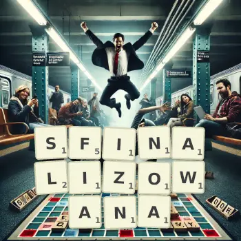 Kreatywna ilustracja do gry w Scrabble ze słowem SFINALIZOWANA ułożonym z płytek na planszy.