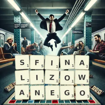 Kreatywna ilustracja do gry w Scrabble ze słowem SFINALIZOWANEGO ułożonym z płytek na planszy.