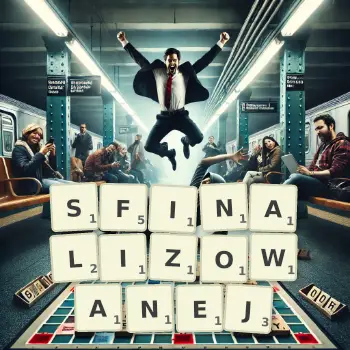 Kreatywna ilustracja do gry w Scrabble ze słowem SFINALIZOWANEJ ułożonym z płytek na planszy.