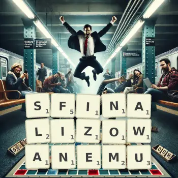 Kreatywna ilustracja do gry w Scrabble ze słowem SFINALIZOWANEMU ułożonym z płytek na planszy.