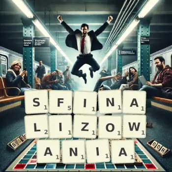 Kreatywna ilustracja do gry w Scrabble ze słowem SFINALIZOWANIA ułożonym z płytek na planszy.