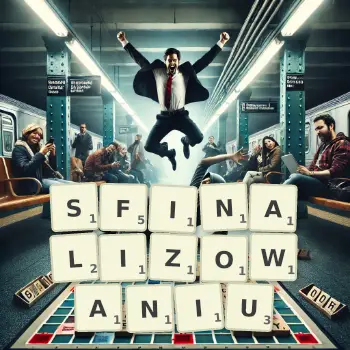 Kreatywna ilustracja do gry w Scrabble ze słowem SFINALIZOWANIU ułożonym z płytek na planszy.