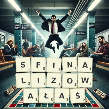 Kreatywna ilustracja do gry w Scrabble ze słowem SFINALIZOWAŁAŚ ułożonym z płytek na planszy.