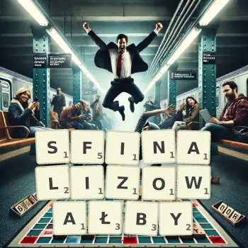 Kreatywna ilustracja do gry w Scrabble ze słowem SFINALIZOWAŁBY ułożonym z płytek na planszy.