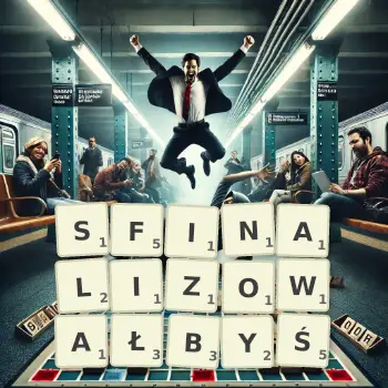Kreatywna ilustracja do gry w Scrabble ze słowem SFINALIZOWAŁBYŚ ułożonym z płytek na planszy.