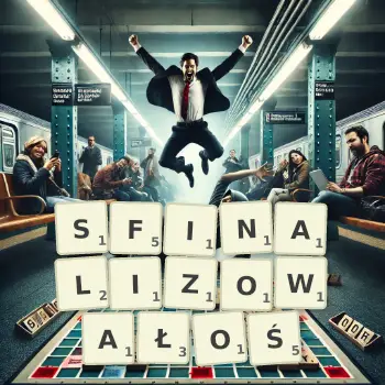 Kreatywna ilustracja do gry w Scrabble ze słowem SFINALIZOWAŁOŚ ułożonym z płytek na planszy.