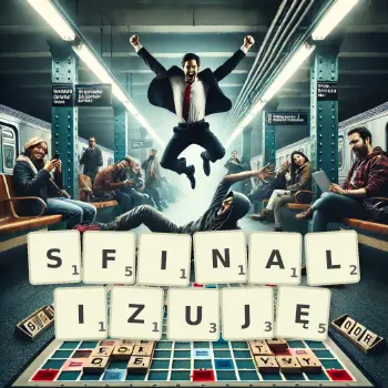 Kreatywna ilustracja do gry w Scrabble ze słowem SFINALIZUJĘ ułożonym z płytek na planszy.