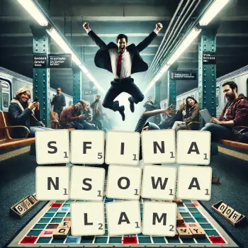 Kreatywna ilustracja do gry w Scrabble ze słowem SFINANSOWALAM ułożonym z płytek na planszy.