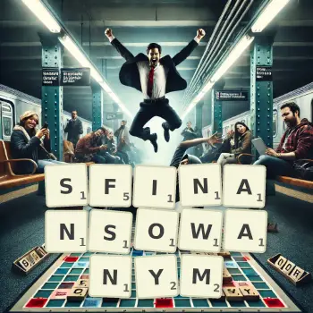 Kreatywna ilustracja do gry w Scrabble ze słowem SFINANSOWANYM ułożonym z płytek na planszy.