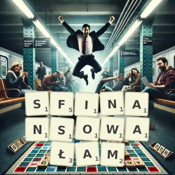 Kreatywna ilustracja do gry w Scrabble ze słowem SFINANSOWAŁAM ułożonym z płytek na planszy.