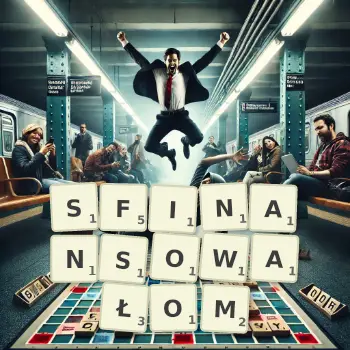 Kreatywna ilustracja do gry w Scrabble ze słowem SFINANSOWAŁOM ułożonym z płytek na planszy.