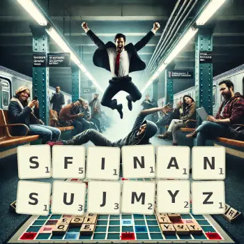 Kreatywna ilustracja do gry w Scrabble ze słowem SFINANSUJMYZ ułożonym z płytek na planszy.