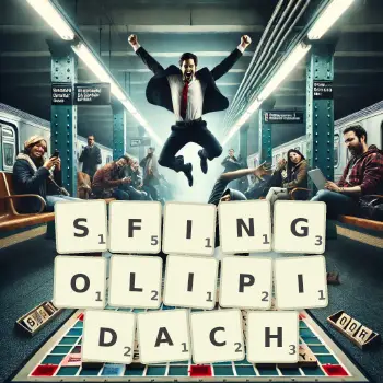 Kreatywna ilustracja do gry w Scrabble ze słowem SFINGOLIPIDACH ułożonym z płytek na planszy.