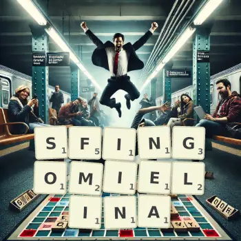 Kreatywna ilustracja do gry w Scrabble ze słowem SFINGOMIELINA ułożonym z płytek na planszy.