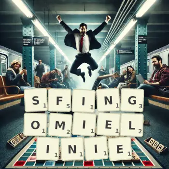 Kreatywna ilustracja do gry w Scrabble ze słowem SFINGOMIELINIE ułożonym z płytek na planszy.