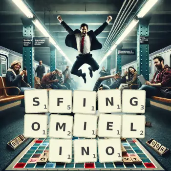 Kreatywna ilustracja do gry w Scrabble ze słowem SFINGOMIELINO ułożonym z płytek na planszy.