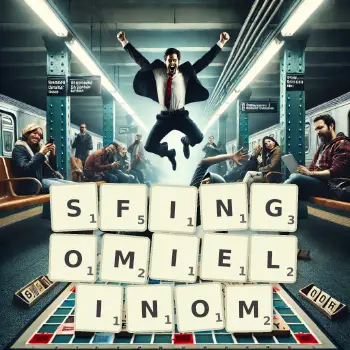 Kreatywna ilustracja do gry w Scrabble ze słowem SFINGOMIELINOM ułożonym z płytek na planszy.