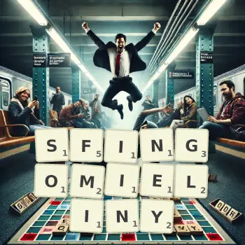 Kreatywna ilustracja do gry w Scrabble ze słowem SFINGOMIELINY ułożonym z płytek na planszy.