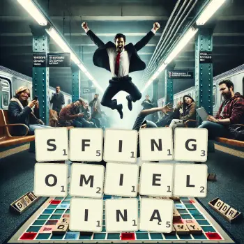 Kreatywna ilustracja do gry w Scrabble ze słowem SFINGOMIELINĄ ułożonym z płytek na planszy.