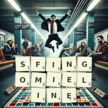 Kreatywna ilustracja do gry w Scrabble ze słowem SFINGOMIELINĘ ułożonym z płytek na planszy.