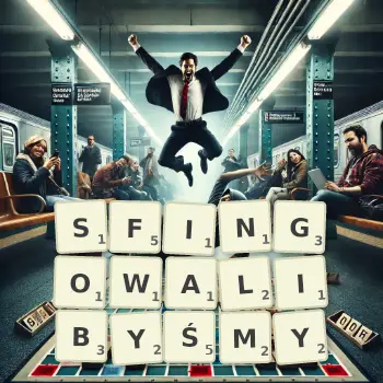 Kreatywna ilustracja do gry w Scrabble ze słowem SFINGOWALIBYŚMY ułożonym z płytek na planszy.