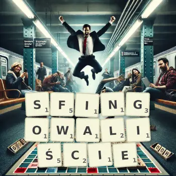 Kreatywna ilustracja do gry w Scrabble ze słowem SFINGOWALIŚCIE ułożonym z płytek na planszy.