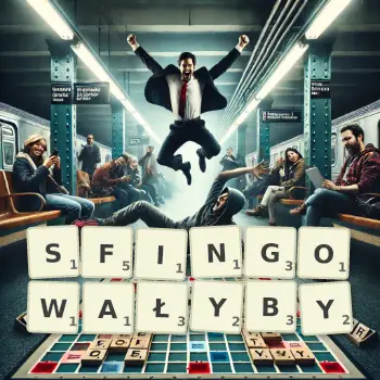 Kreatywna ilustracja do gry w Scrabble ze słowem SFINGOWAŁYBY ułożonym z płytek na planszy.