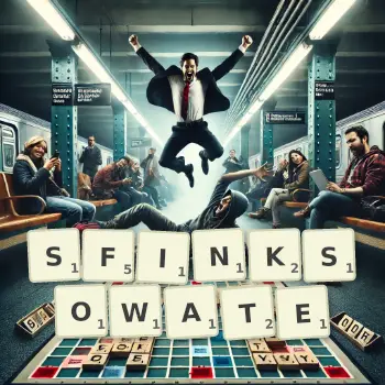 Kreatywna ilustracja do gry w Scrabble ze słowem SFINKSOWATE ułożonym z płytek na planszy.