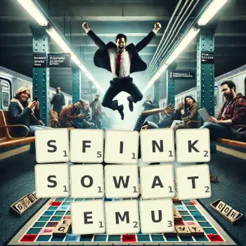 Kreatywna ilustracja do gry w Scrabble ze słowem SFINKSOWATEMU ułożonym z płytek na planszy.