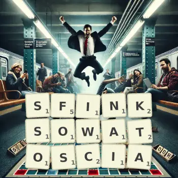 Kreatywna ilustracja do gry w Scrabble ze słowem SFINKSOWATOSCIA ułożonym z płytek na planszy.