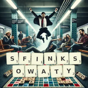 Kreatywna ilustracja do gry w Scrabble ze słowem SFINKSOWATY ułożonym z płytek na planszy.