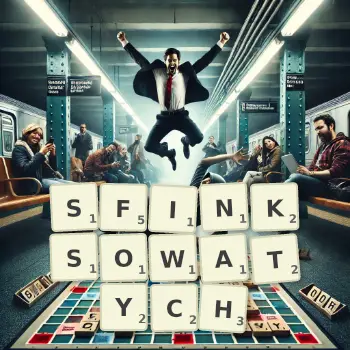 Kreatywna ilustracja do gry w Scrabble ze słowem SFINKSOWATYCH ułożonym z płytek na planszy.