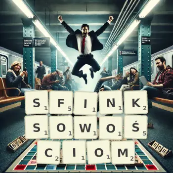 Kreatywna ilustracja do gry w Scrabble ze słowem SFINKSOWOŚCIOM ułożonym z płytek na planszy.