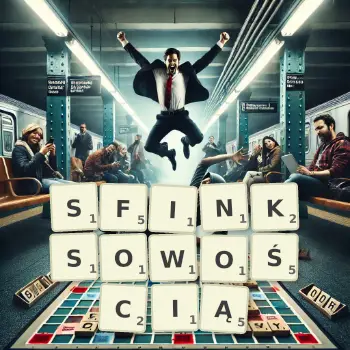 Kreatywna ilustracja do gry w Scrabble ze słowem SFINKSOWOŚCIĄ ułożonym z płytek na planszy.