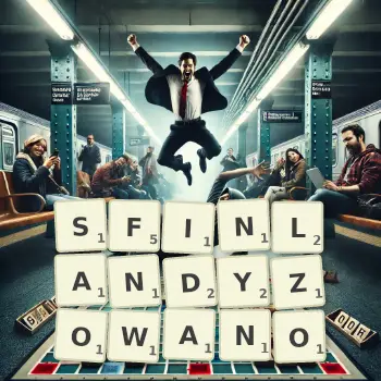 Kreatywna ilustracja do gry w Scrabble ze słowem SFINLANDYZOWANO ułożonym z płytek na planszy.