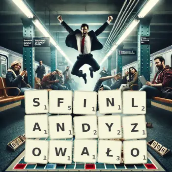 Kreatywna ilustracja do gry w Scrabble ze słowem SFINLANDYZOWAŁO ułożonym z płytek na planszy.