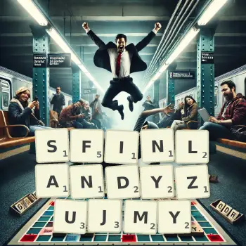 Kreatywna ilustracja do gry w Scrabble ze słowem SFINLANDYZUJMY ułożonym z płytek na planszy.