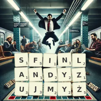 Kreatywna ilustracja do gry w Scrabble ze słowem SFINLANDYZUJMYŻ ułożonym z płytek na planszy.