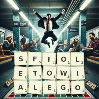 Kreatywna ilustracja do gry w Scrabble ze słowem SFIOLETOWIALEGO ułożonym z płytek na planszy.