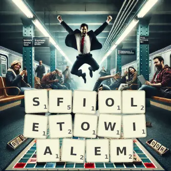 Kreatywna ilustracja do gry w Scrabble ze słowem SFIOLETOWIALEM ułożonym z płytek na planszy.