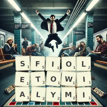 Kreatywna ilustracja do gry w Scrabble ze słowem SFIOLETOWIALYMI ułożonym z płytek na planszy.