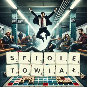 Kreatywna ilustracja do gry w Scrabble ze słowem SFIOLETOWIAŁ ułożonym z płytek na planszy.