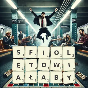Kreatywna ilustracja do gry w Scrabble ze słowem SFIOLETOWIAŁABY ułożonym z płytek na planszy.