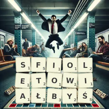 Kreatywna ilustracja do gry w Scrabble ze słowem SFIOLETOWIAŁBYŚ ułożonym z płytek na planszy.