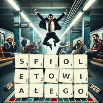 Kreatywna ilustracja do gry w Scrabble ze słowem SFIOLETOWIAŁEGO ułożonym z płytek na planszy.