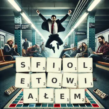 Kreatywna ilustracja do gry w Scrabble ze słowem SFIOLETOWIAŁEM ułożonym z płytek na planszy.