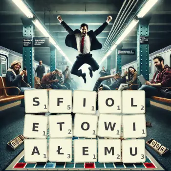 Kreatywna ilustracja do gry w Scrabble ze słowem SFIOLETOWIAŁEMU ułożonym z płytek na planszy.