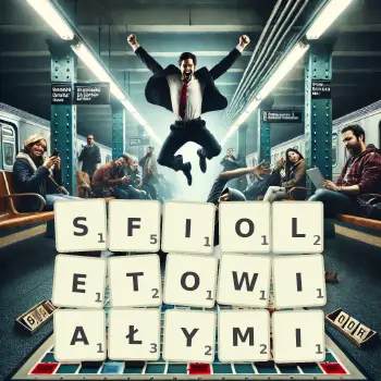Kreatywna ilustracja do gry w Scrabble ze słowem SFIOLETOWIAŁYMI ułożonym z płytek na planszy.