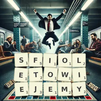 Kreatywna ilustracja do gry w Scrabble ze słowem SFIOLETOWIEJEMY ułożonym z płytek na planszy.