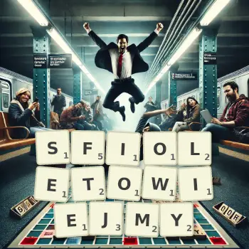 Kreatywna ilustracja do gry w Scrabble ze słowem SFIOLETOWIEJMY ułożonym z płytek na planszy.